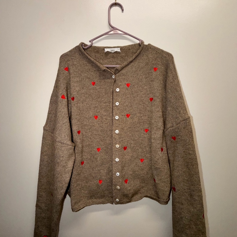 TALULAH Brown Cardigan with Red Heart Details